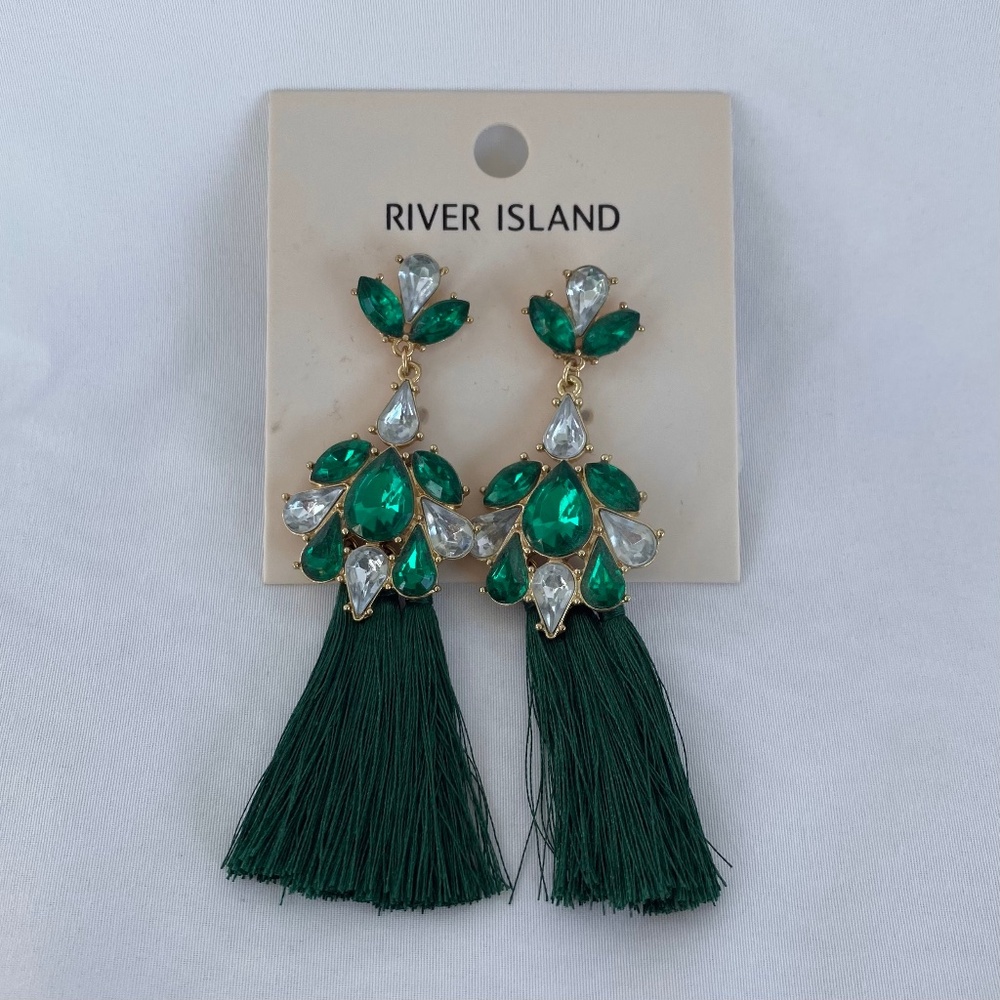 River Island Green Gemstone Tassel Pushback Earrings NWT